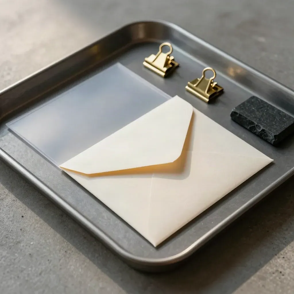 Top-down graphite ledger tray, brass clips, and sealed audit envelopes on brushed concrete.
