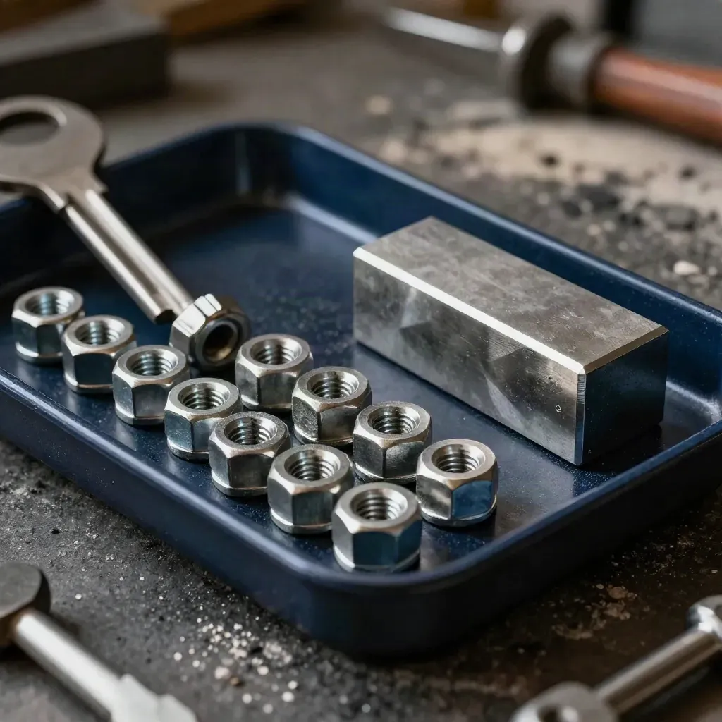 Deep navy parts tray, hex fasteners, and gauge block on dark plaster under raking light