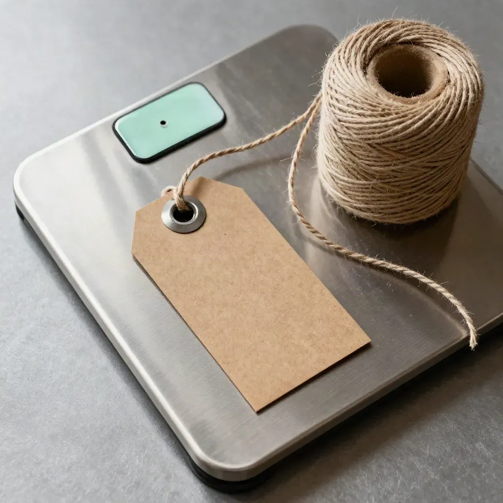 Parcel scale, blank tags and kraft twine on brushed metal in soft daylight.