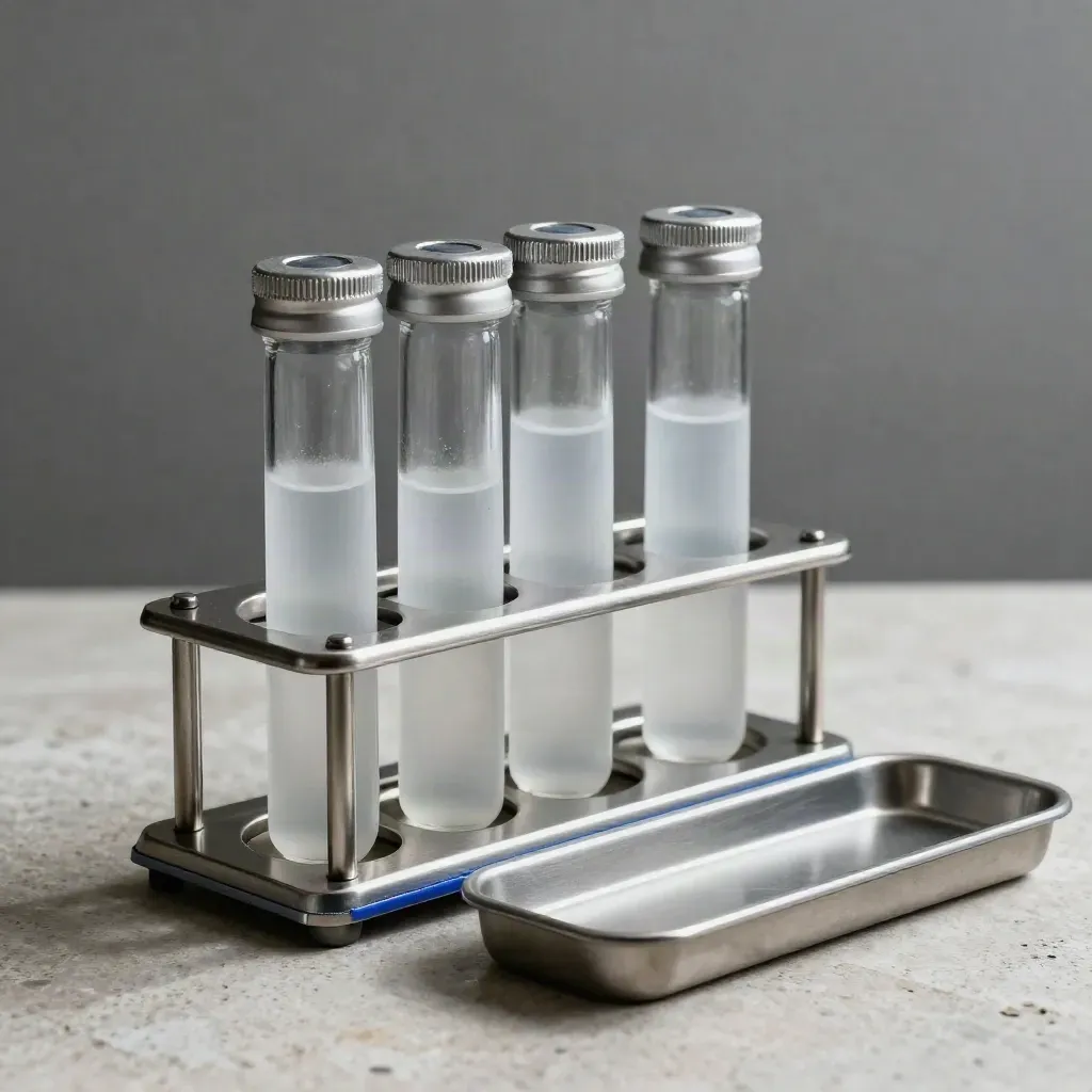 Frosted specimen vials, stainless rack, and capped sample tray on pale stone in dramatic light.