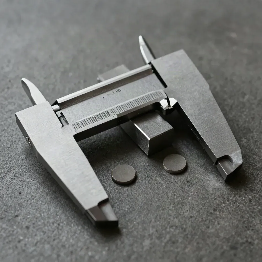 Calibration weights and a reference block on matte concrete, top-down macro, benchmark still life.