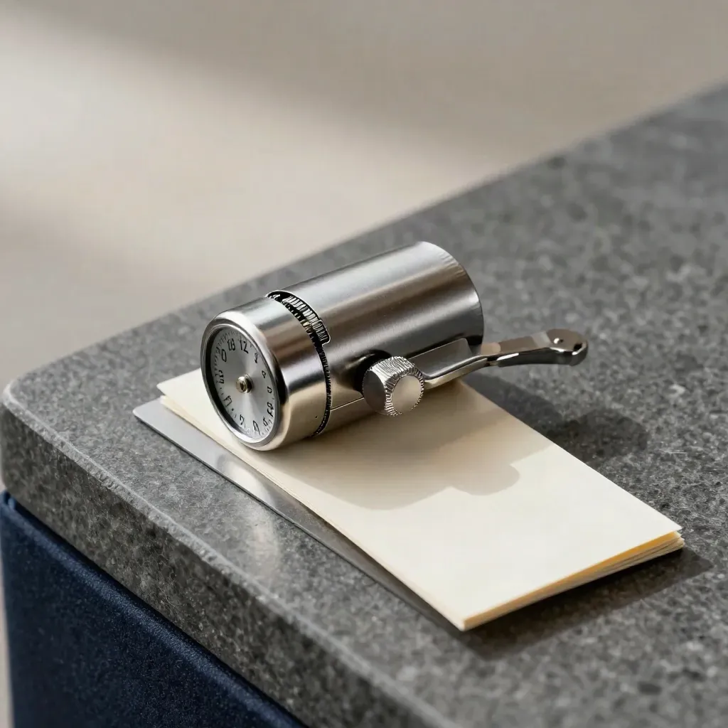Stainless tally counter beside blank cards and a steel clip on graphite stone.