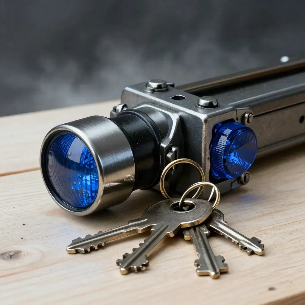 Steel coupler, signal lens and maintenance keys on pale wood in a dramatic top-down rail still life