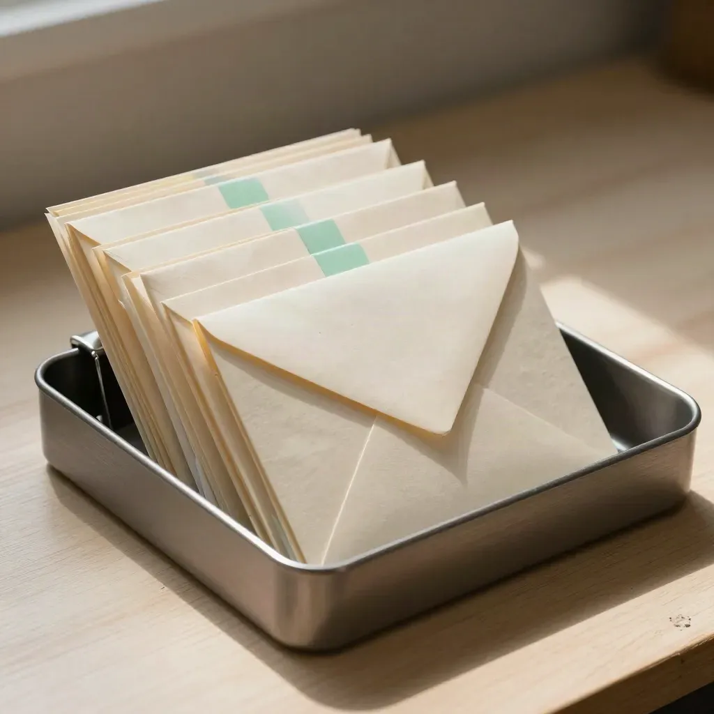 Mail sorter tray with sealed envelopes and spring clips on pale wood under raking light