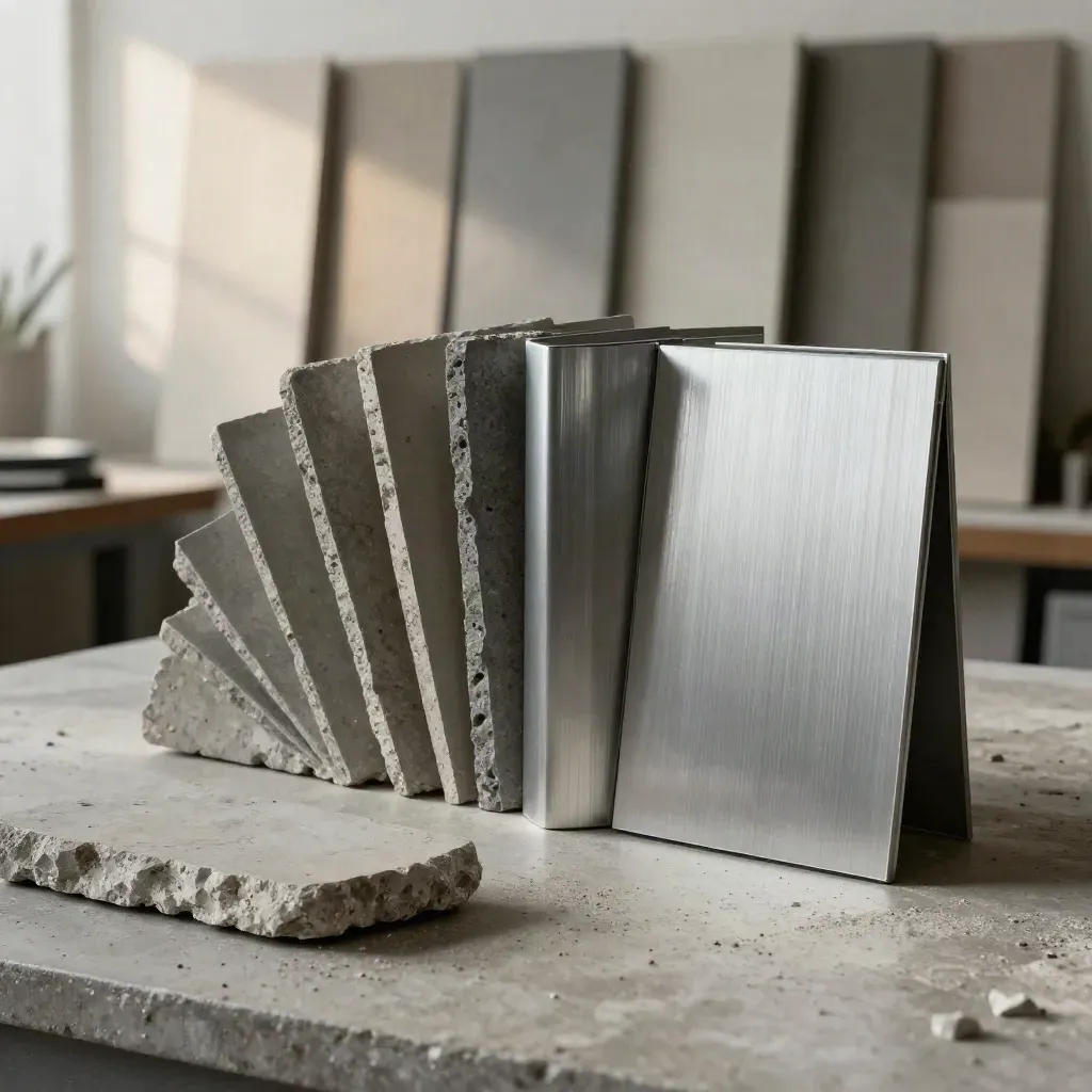 Stone, concrete, and aluminum sample blocks beside a folded spec sleeve