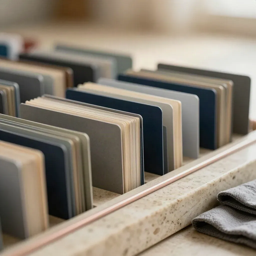 Tabbed archive cards and dividers on brushed stone with dust and soft light