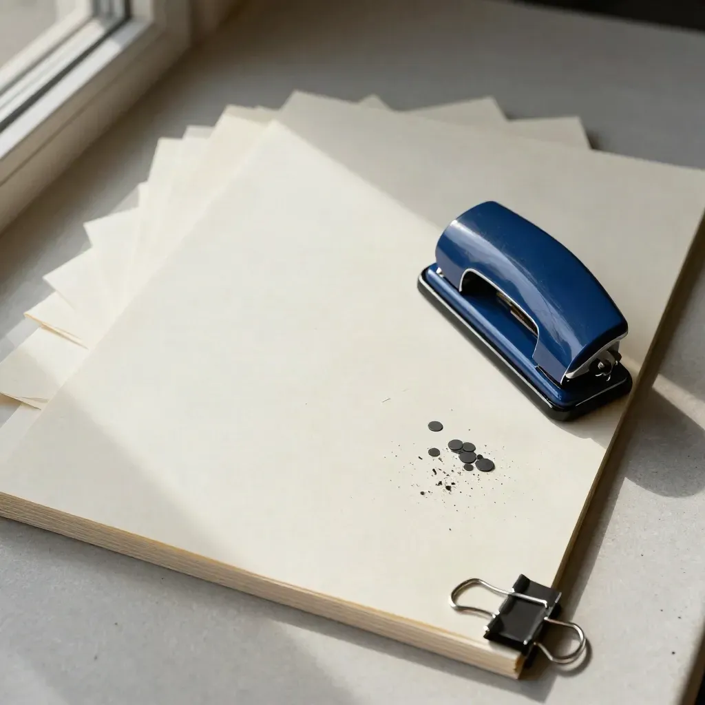 Top-down flat lay of graph-paper pads, a cobalt paper punch, and a binder clip on plaster.