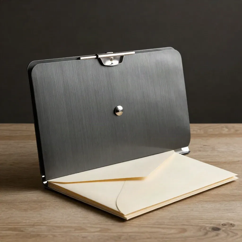 Slim brief folder, silver clip, and sealed envelope on pale wood in dramatic studio light.