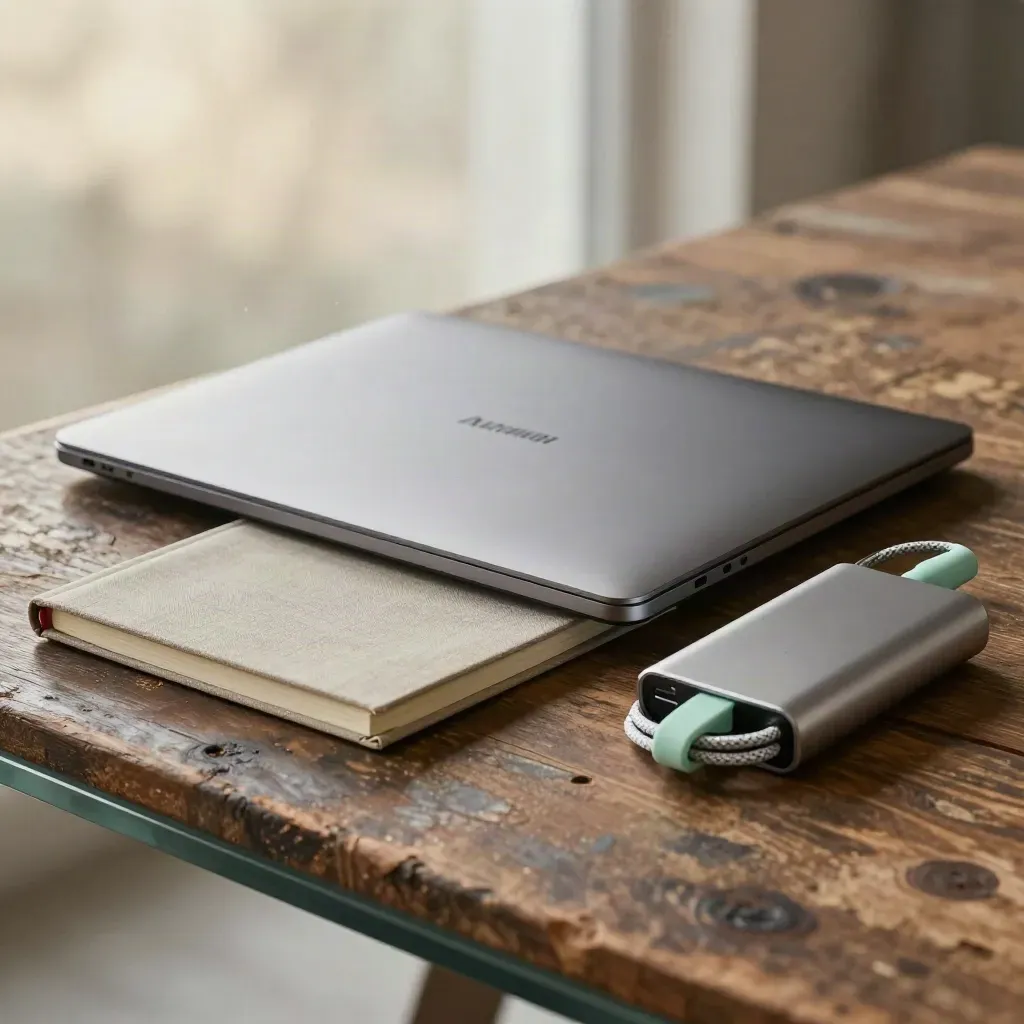 Closed laptop, notebook, power bank and cable coil on reclaimed pine, seen through blurred glass.