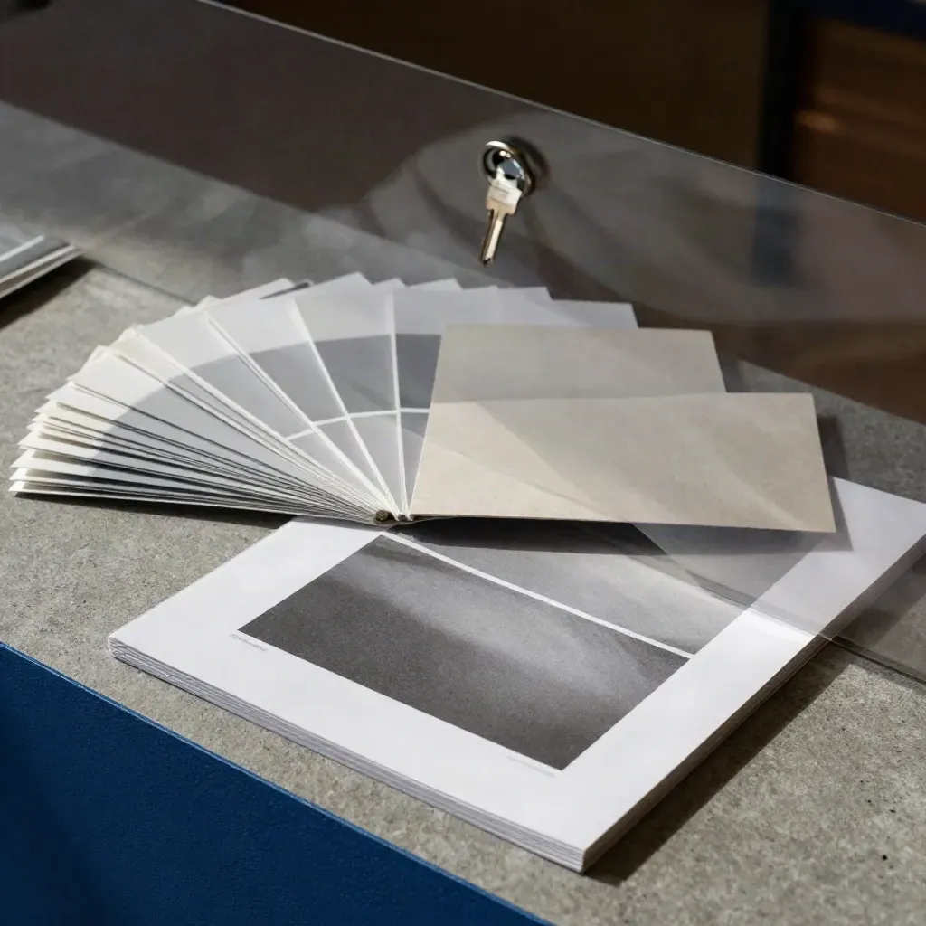Agency proof sheets, swatch fan, packaging samples, and adhesive sleeves under dramatic studio light.