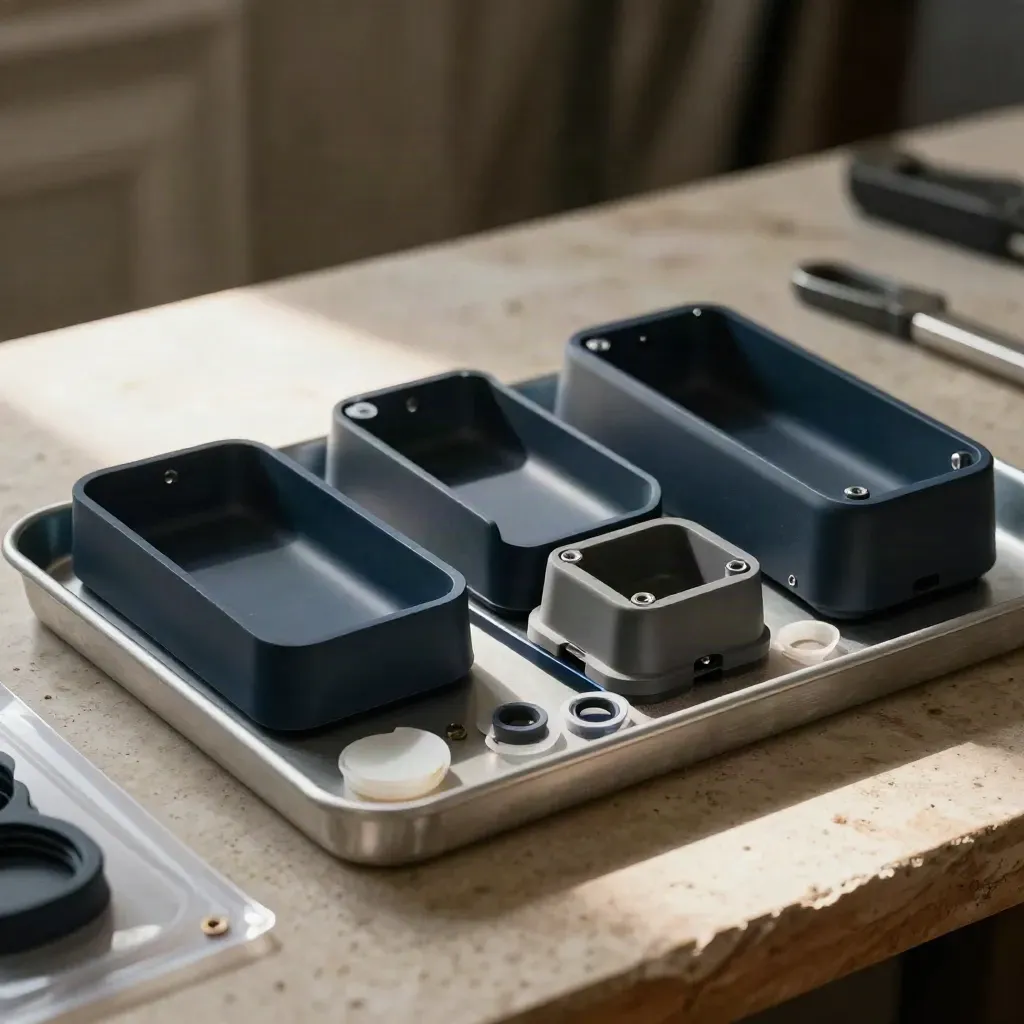 Prototype enclosure shells and small hardware seen through translucent plastic on a workshop bench.