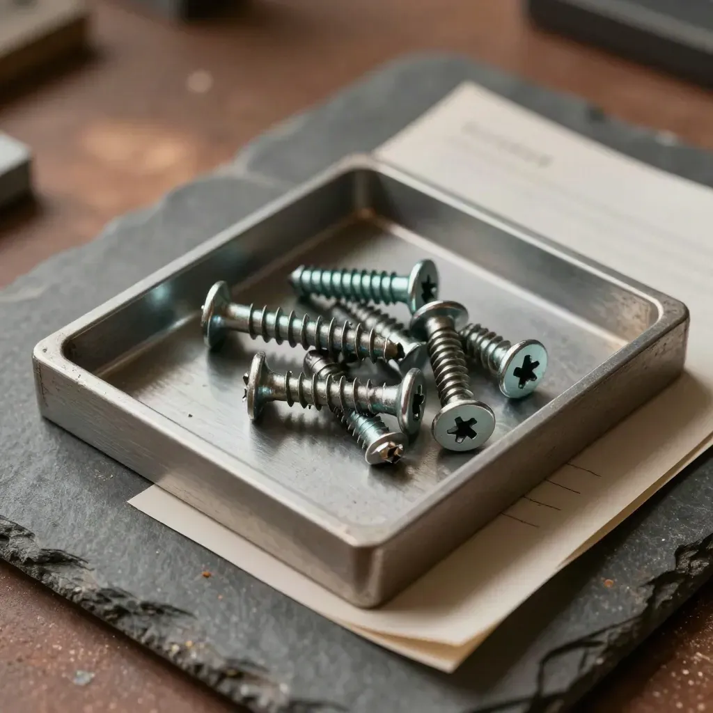 Slate stone still life with screws, parts tray and folded sheet in soft light.
