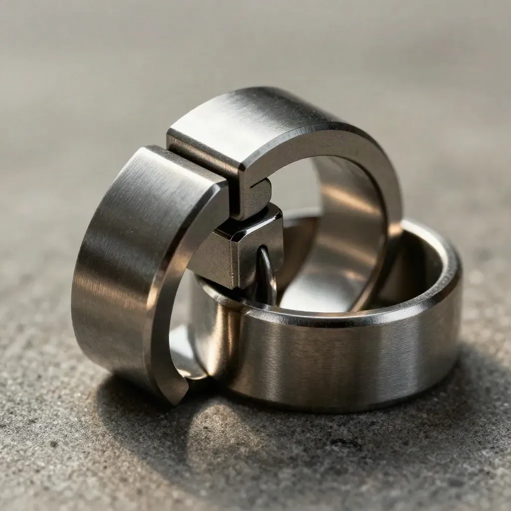 Steel rings and connectors on brushed metal with a cobalt accent, seen from above.