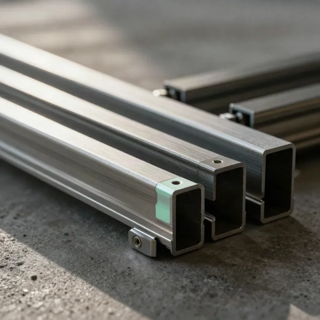 Modular metal rails and spacers aligning on dark concrete with mint accent