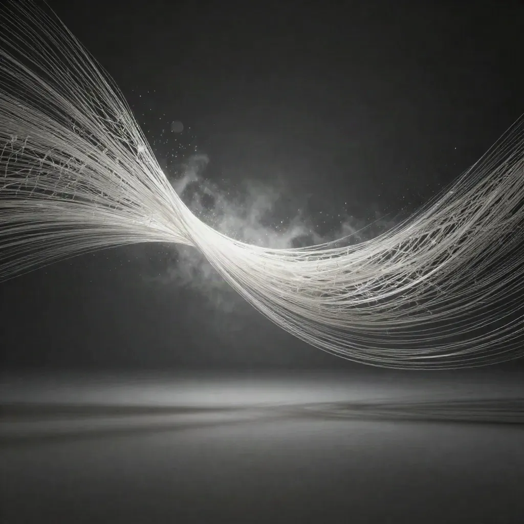 Silver filaments bloom in graphite haze with calm space below for copy.