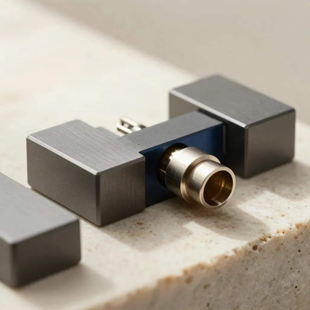 Macro still life of dovetail blocks, spring pins, and a connector bridge on pale stone.