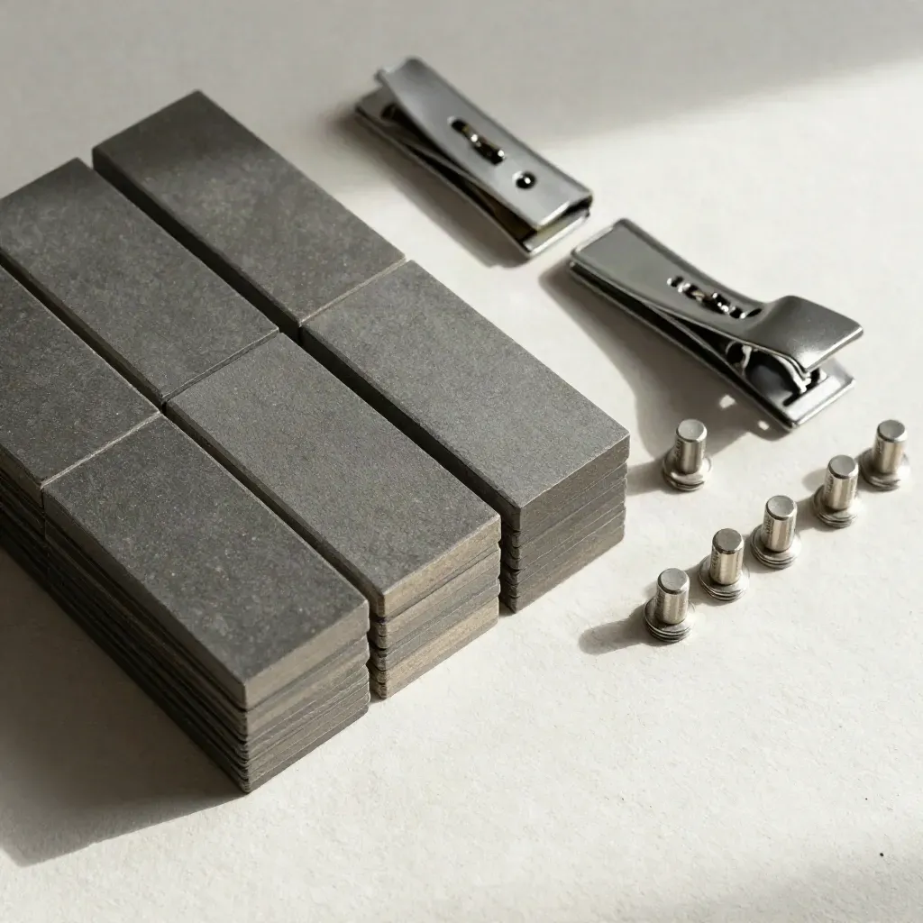 Overhead modular blocks and connector pegs arranged in a precise grid on off-white plaster.