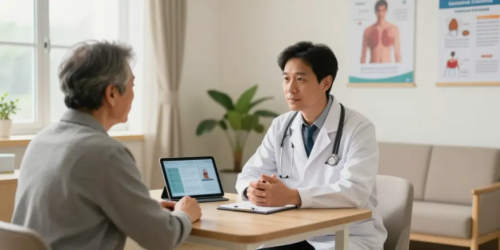 Prostate cancer care discussion in a warm hospital setting.